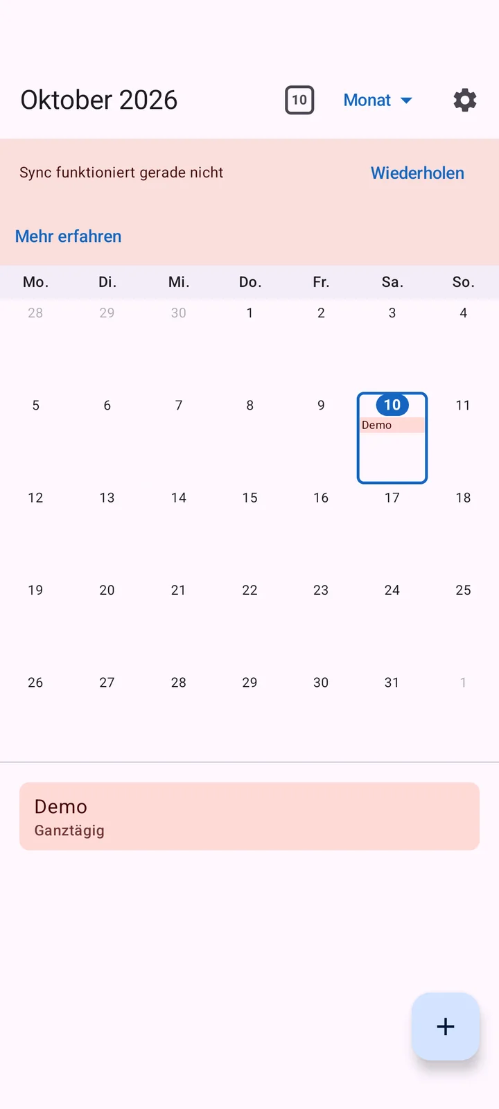 Android-Synchronisierungshinweis mit Wiederholen und Hilfe über dem Kalender.